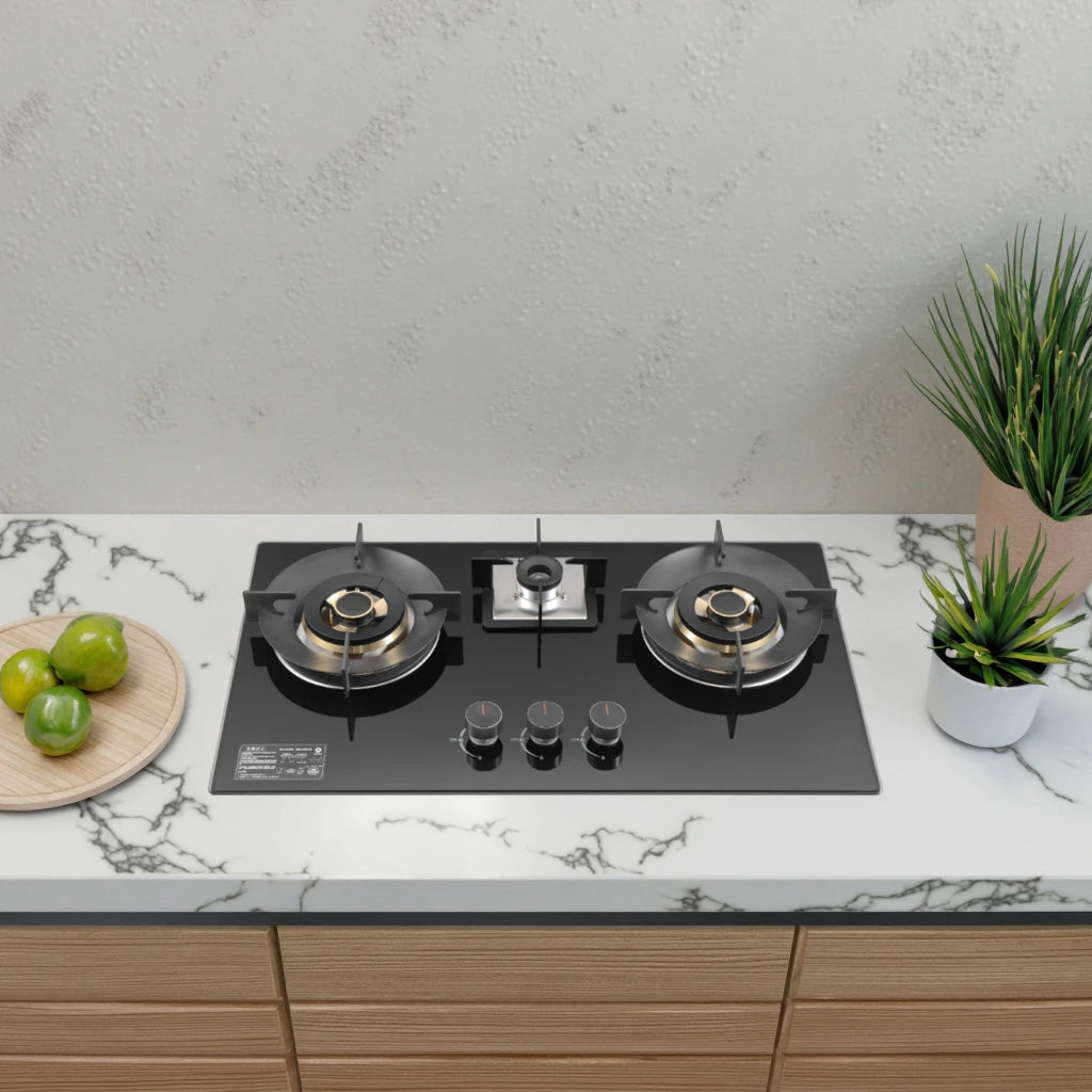 Happy Home 3-Burner Table Gas Cooktop Built-In Smart Tempered Glass Gas Stove for Household