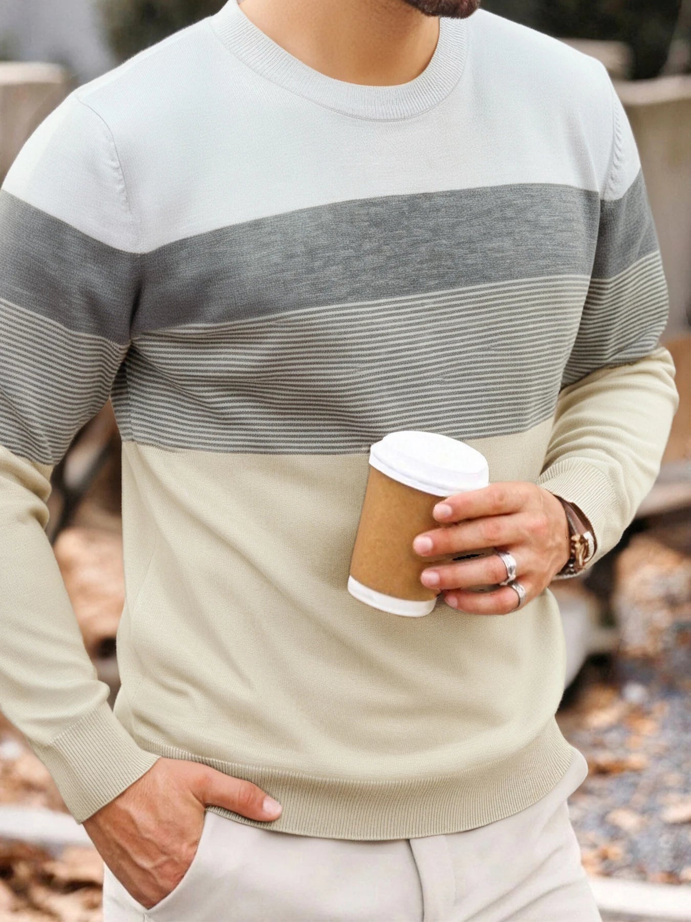 Men Spring Autumn Crew Neck Color Block Horizontal Striped Knit Sweater Long Sleeve Slim Casual Pullover Tops