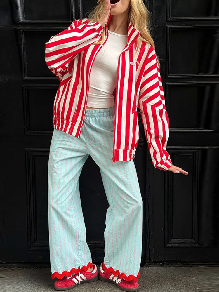 Colorful Striped Wide Leg Trousers Women Bohemian High Waist Multi-color Panelled Slim Straight Pants Fashion Lady Beachwear New