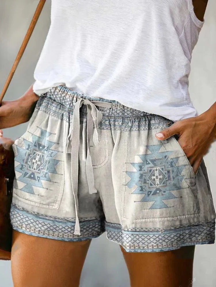 High Waist Printed Loose Shorts Lace up Straight Leg Pants European Style Simple Fashion Polyester Fiber Non Iron Daily Wear