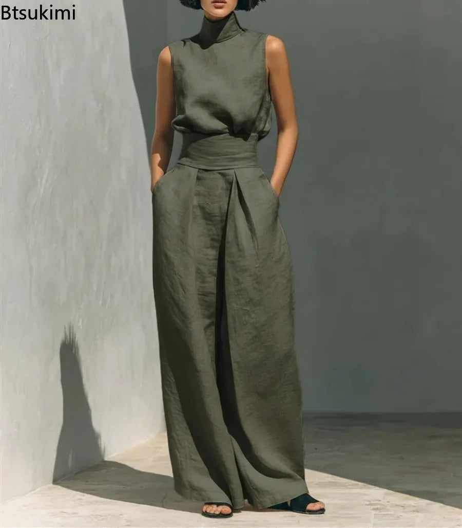 New Women's Solid Color 2 Piece Sets Sleeveless High Neck Tops+High Waist Wide Leg Pants Casual Minimalist Female Summer Outfits