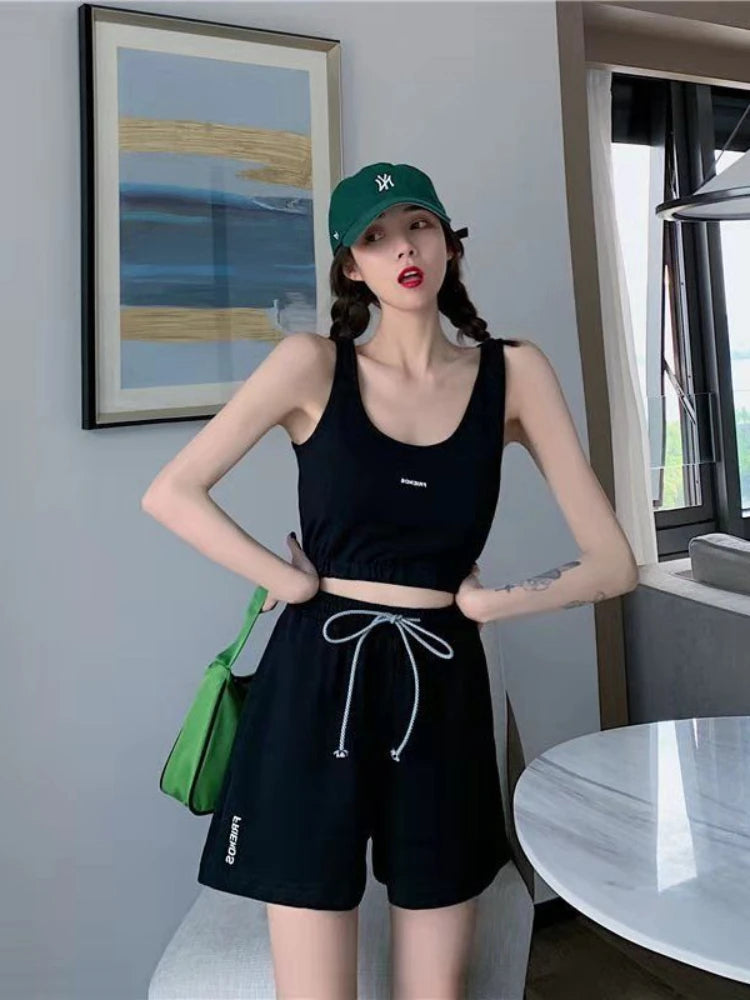 Women's Short Set Summer New Solid Sportswear Tank + Shorts Two Piece Womens Outifits Casual Sport Sets Woman