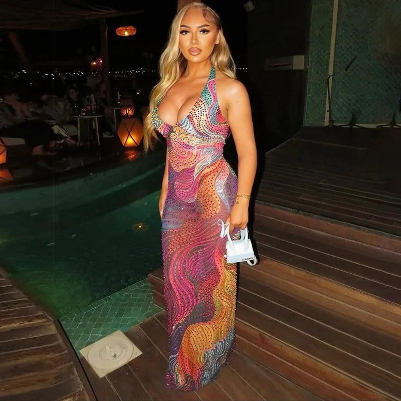 Colorful Print Bodycon Maxi Party Dress Women Fashion Sexy Deep V Neck Sleeveless Halter Backless Slim Party Long Robe Vestidos
