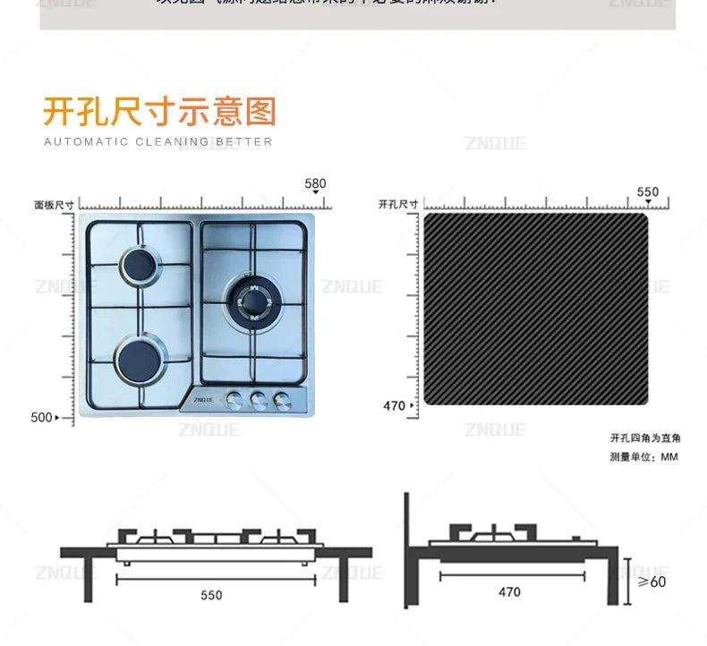 3-Burner Stainless Steel Gas Hob European Style Built-in Natural Gas Kitchen Stove