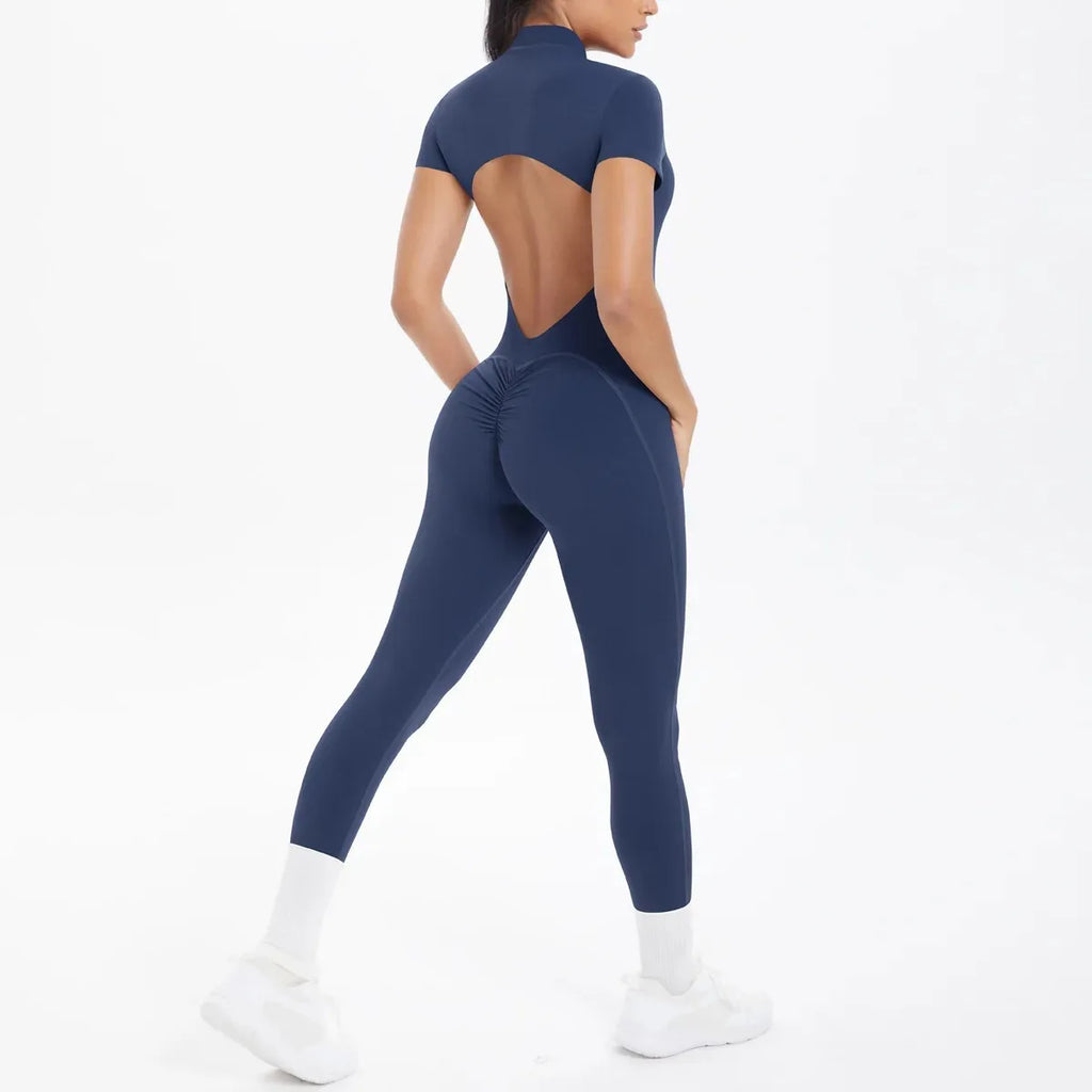 Women's Seamless Yoga Jumpsuits Sports Fitness Zipper Open Back Breathable One-Piece Bodysuits for Gym Running Fitness Workout