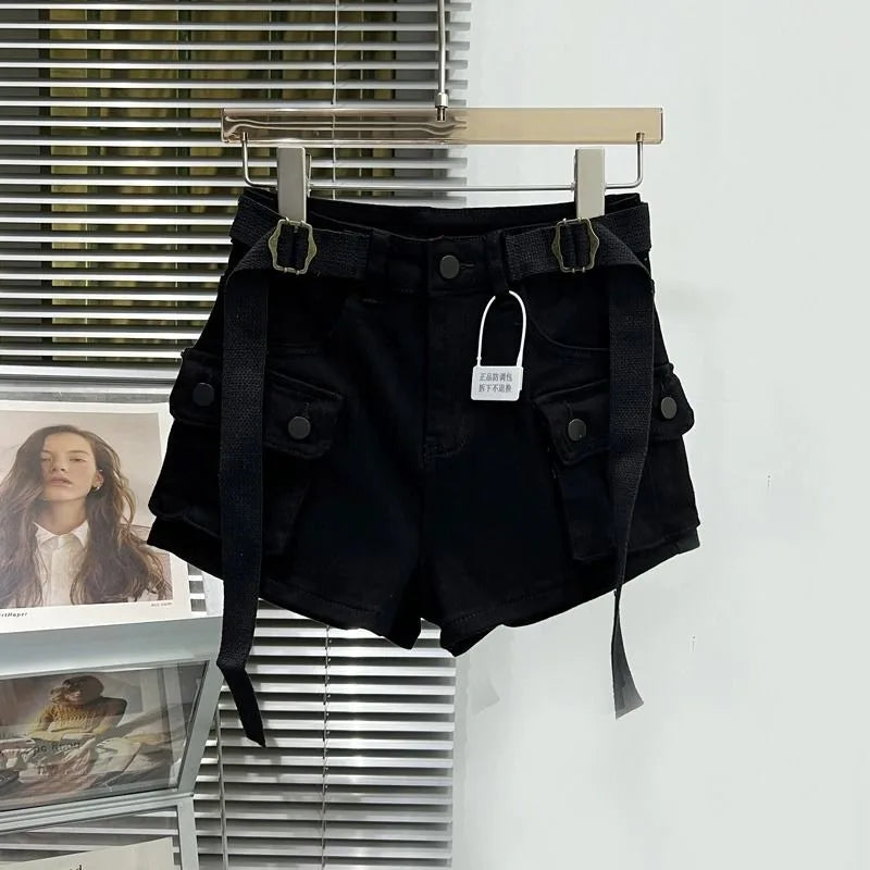 Large Pocket Denim Shorts Women Stretch Slim Fit High Waist Sexy Butt Lifting Hot Pants Summer Fashion Babes Casual Y2k Clothes