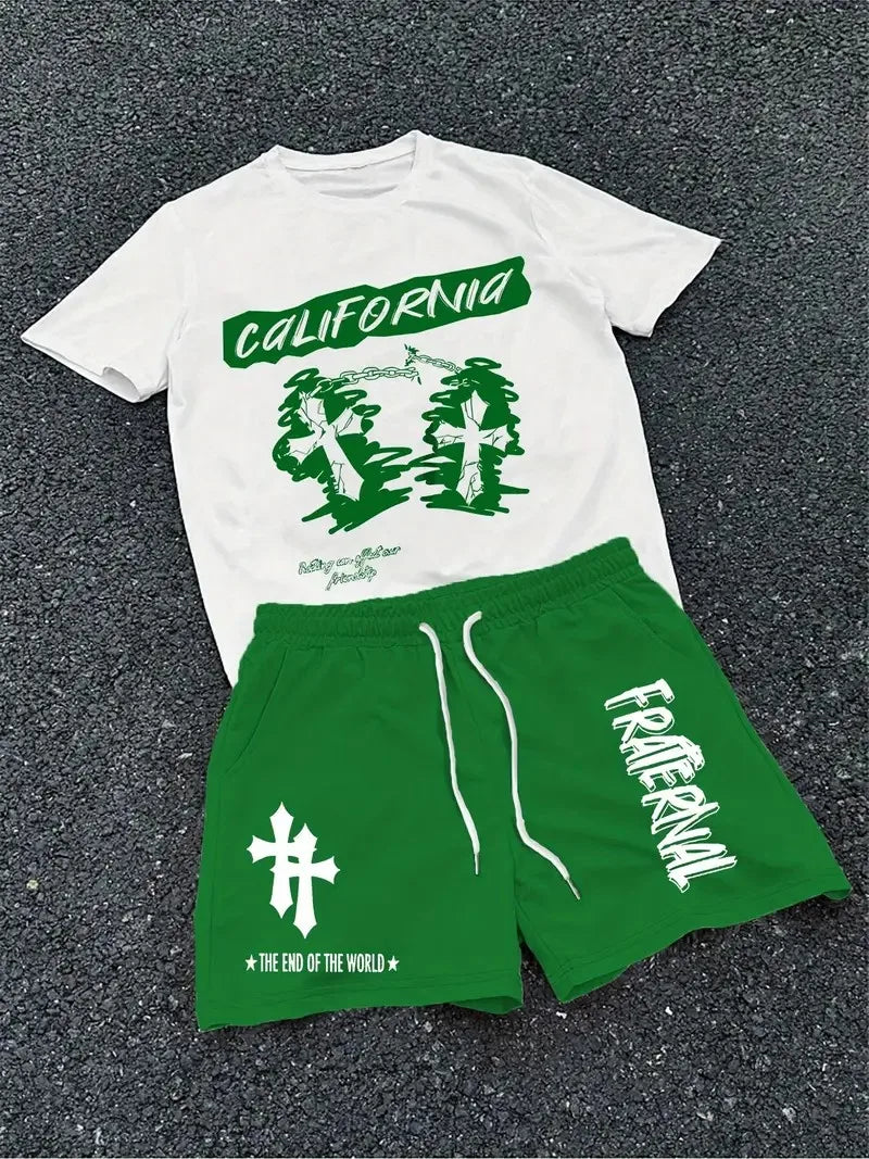 The 2025 Summer New Men's Set Features Street Hip-Hop Casual Fashionable Comfortable and Soft 3D Cross Pattern Print