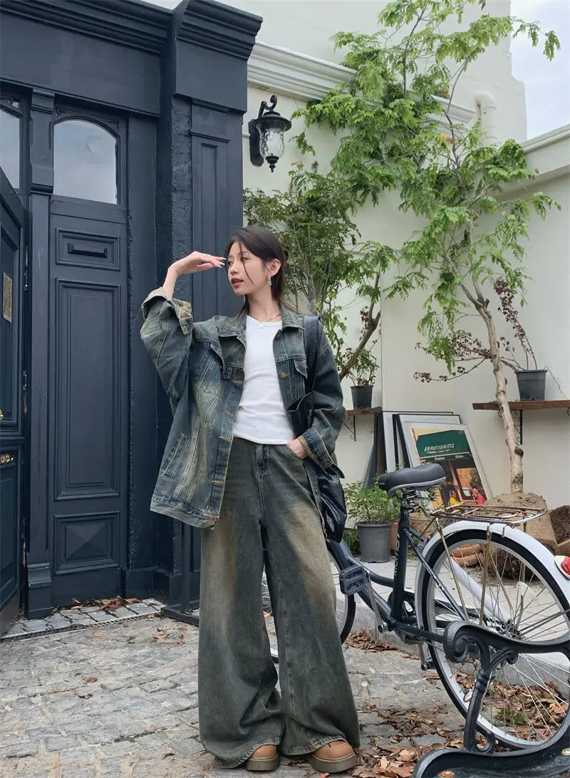Vintage Washed Denim For Women Loose Fit Street Style Casual Biker With Retro Spring Autumn Layering Outerwear