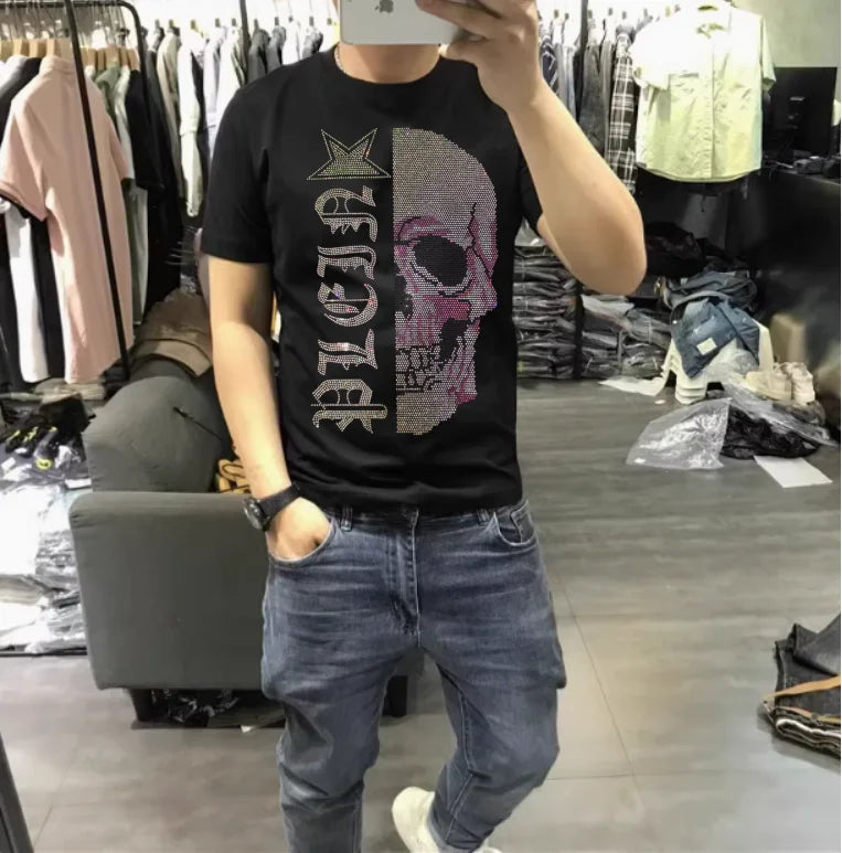 2025 Summer New Luxury Men's Fashion Skull Design Rhinestones T-Shirt Pure Cotton Crew-Neck Casual High Quality