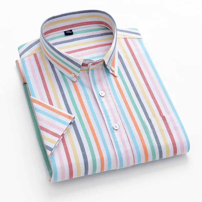New Men's Striped Fashion Short Sleeve 100% Cotton Oxford Plaid Business Button Down Regular Fit Office Shirt Man Clothing