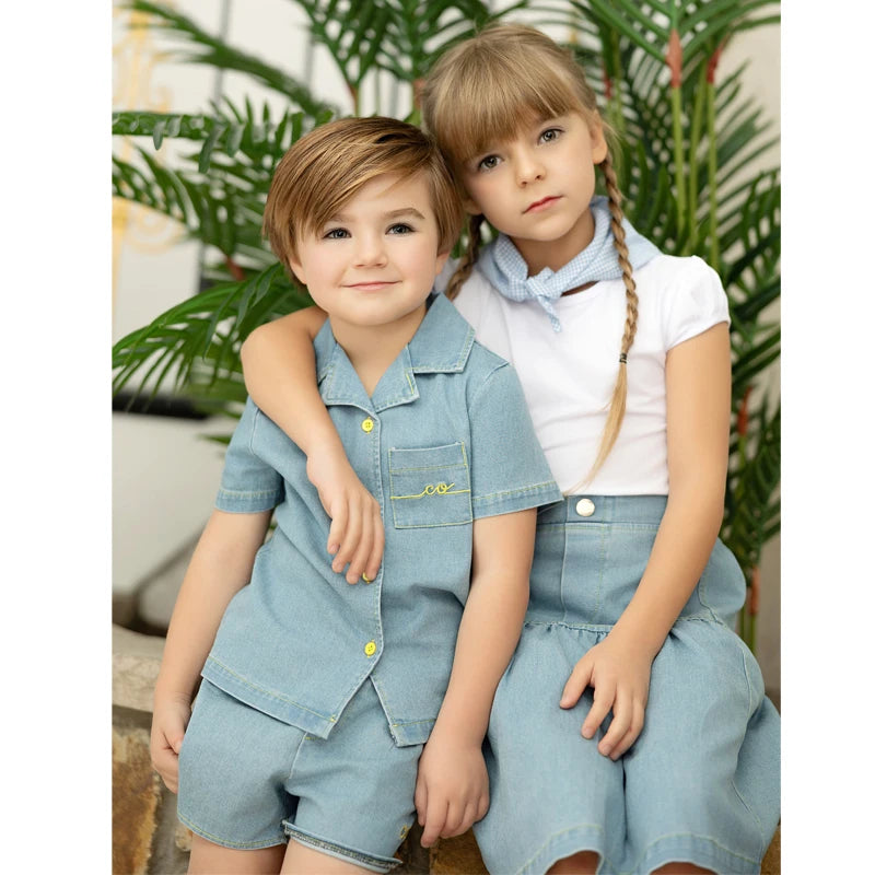 Ali Co SS26 Blue Denim collection Cotton boys girls outfits dress skirt shirt and overalls