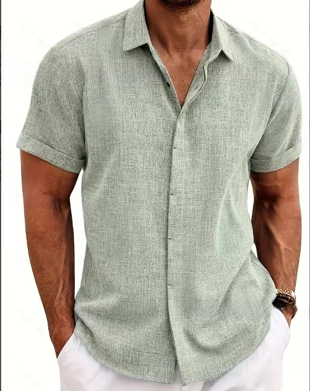 Men's Casual Beach Lightweight Linen Sve Shirt Color Standard Fit Short Sleeve Cleanfit PU Leather Inner Wear Pure Color
