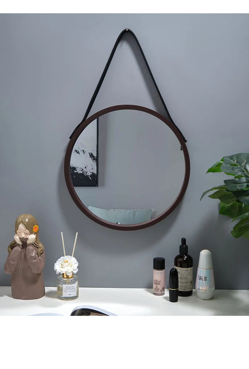 Perforation-free Vanity Mirror Wall-mounted Round Thickened Wooden Border Dressing Mirror Bathroom Mirror Makeup Mirror 전신거울