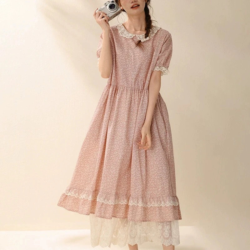 Vintage Ruffled Cotton Linen Flower Dress Women's New Summer Peter Pan Collar Short Sleeve Loose Boho Dress Casual Midi Vestidos
