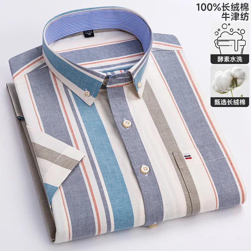 New 100% Cotton Oxford Men's Shirts Short Sleeve Plaid Soft Regular Fit Formal Dress Shirt Social Blouse Male Clothes 6XL 7XL