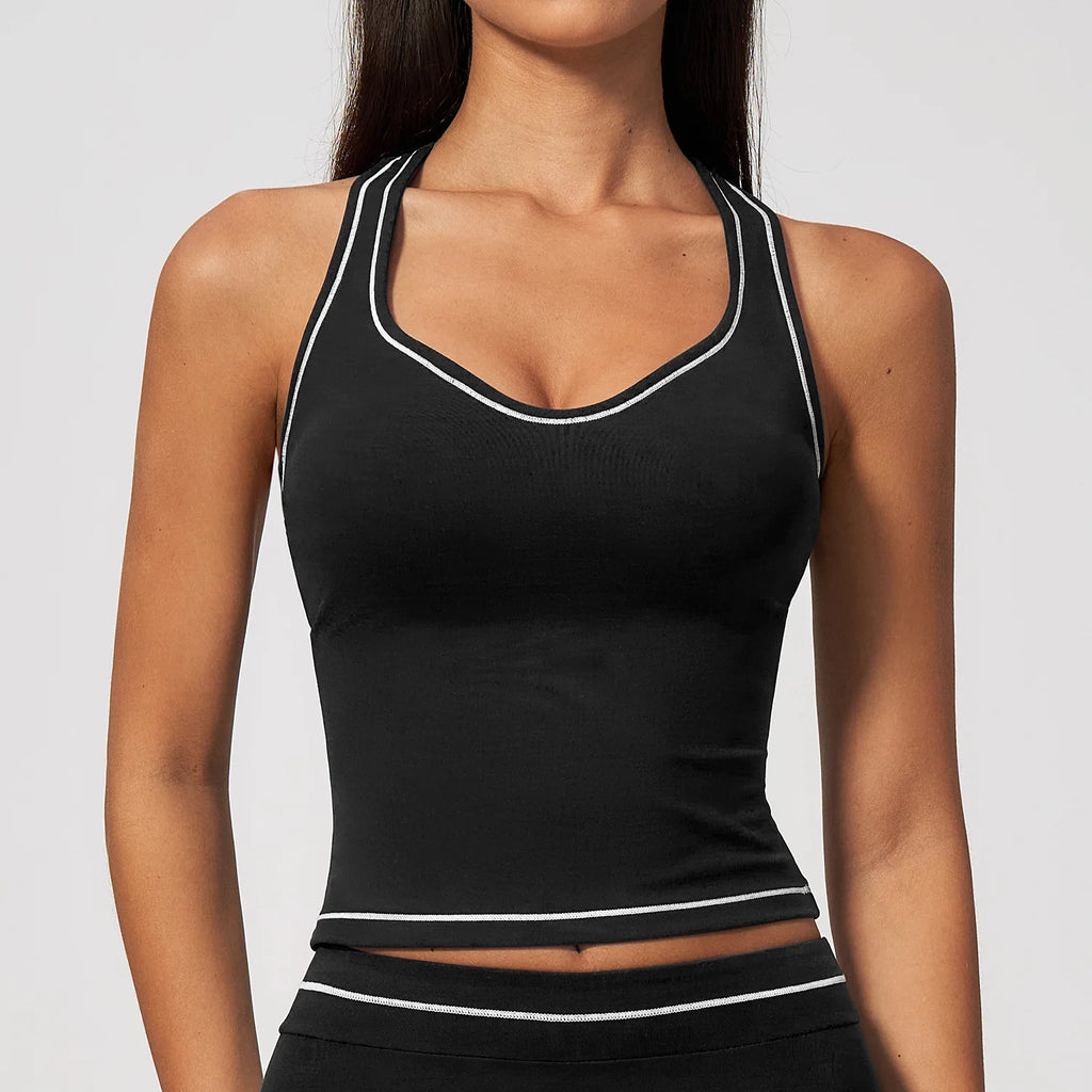 Hamidou Woman Color Blocking Yoga Tank Top Summer Gym Running Beautiful Back I-shaped Vest Gather Shockproof Workout Fitness Top