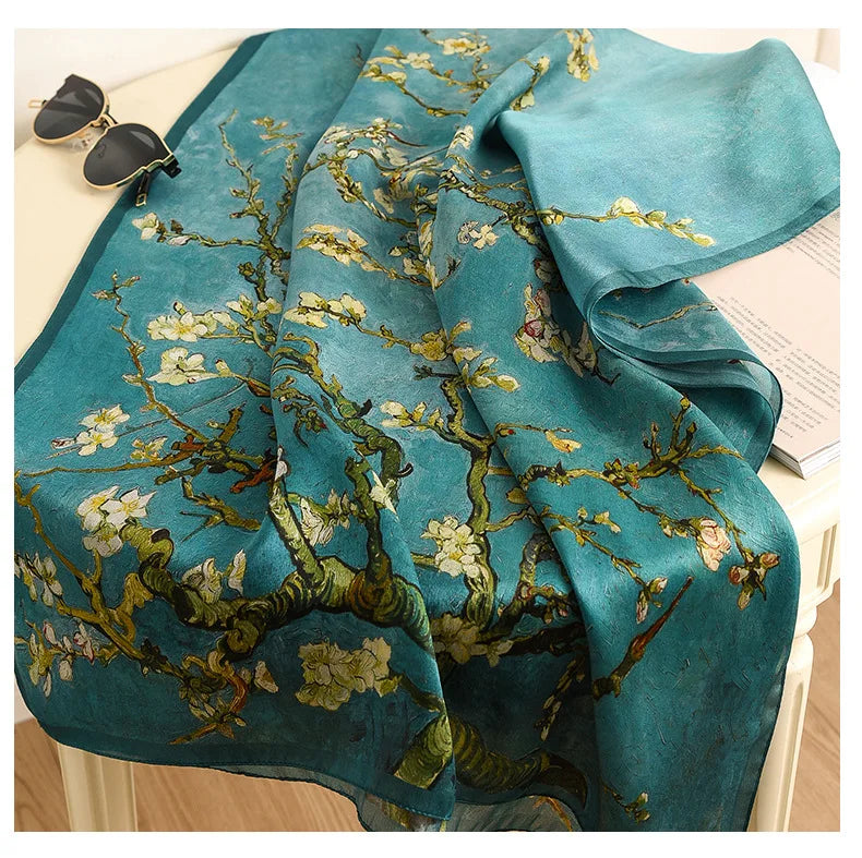 Birdtree, 9MM 100%Real Silk Scarf Shawl, Thin Plum Bossom Summer Beach Shawls Scarfs, Fall Winter Neck Head P36714QM