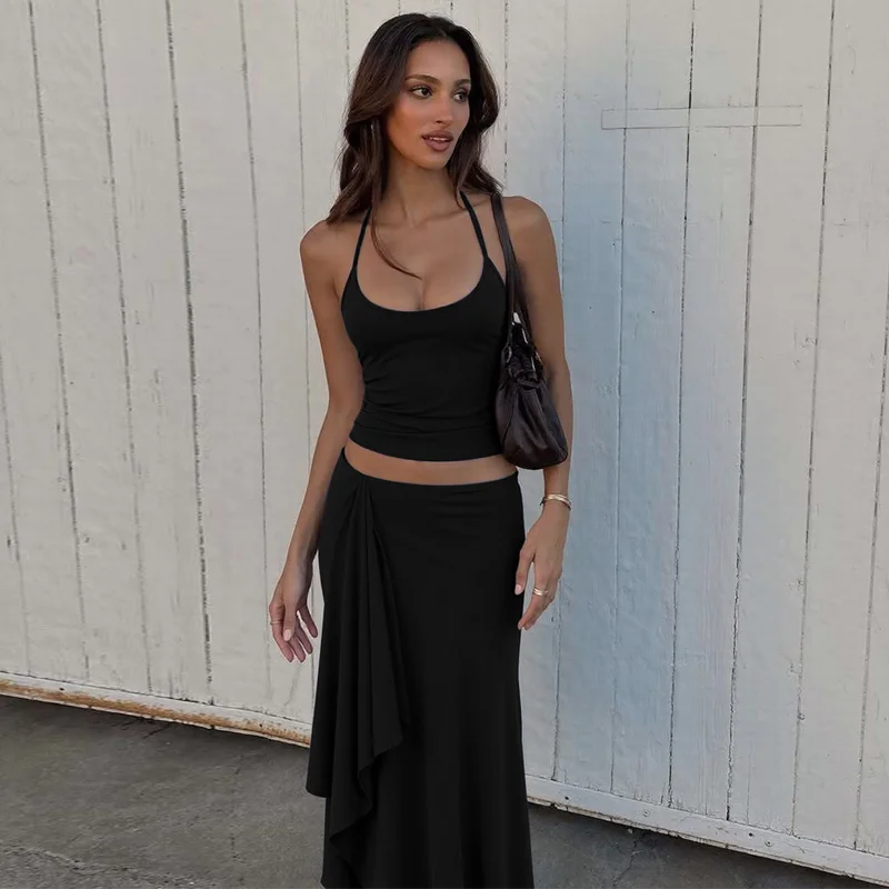 Hugcitar Fashion 2 Pcs Sets Halter Solid Backless Lace Up Sexy Crop Tank Top Ruched Maxi Skirt Women Outfit Beach Vacation Sport