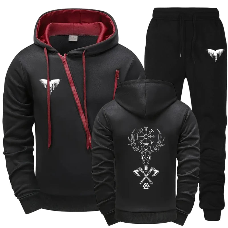 Mens Casual Riding Set 2025 Diagonal Zipper Hoodie with Joggers Urban Streetwear Tracksuit Autumn Winter
