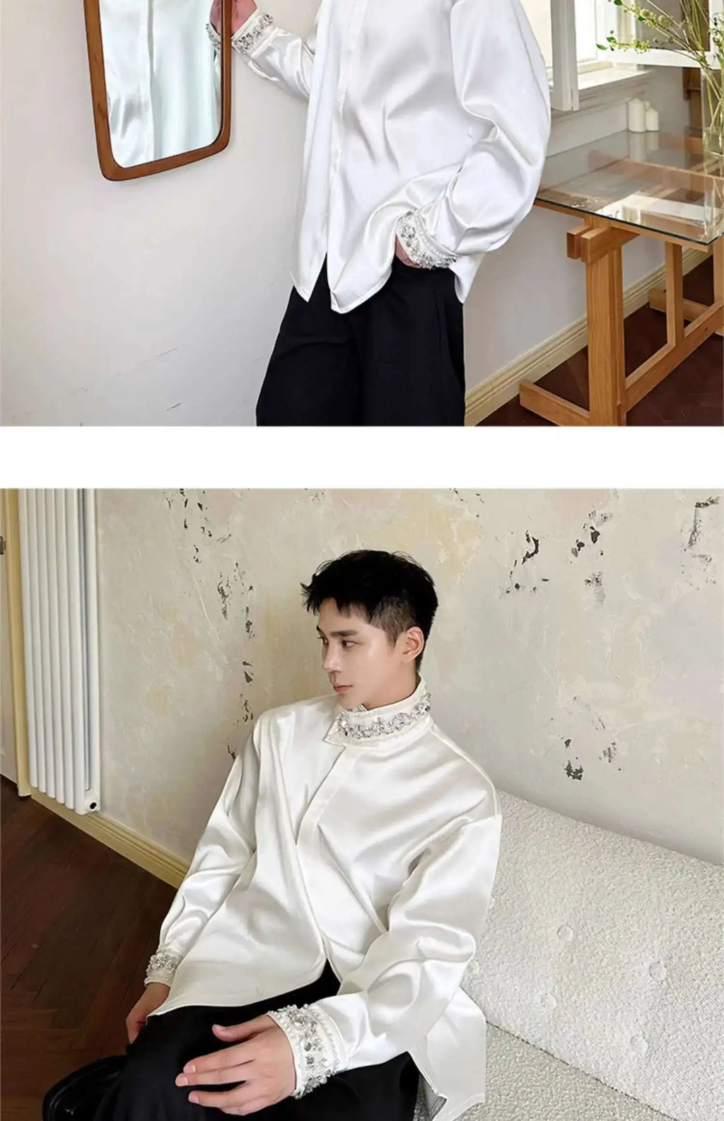 PFHQ Diamond Decoration Satin Long Sleeve Male Shirts Stand Collar Solid Color Single Breasted Men's Wear 2025 New Fashion9C7199