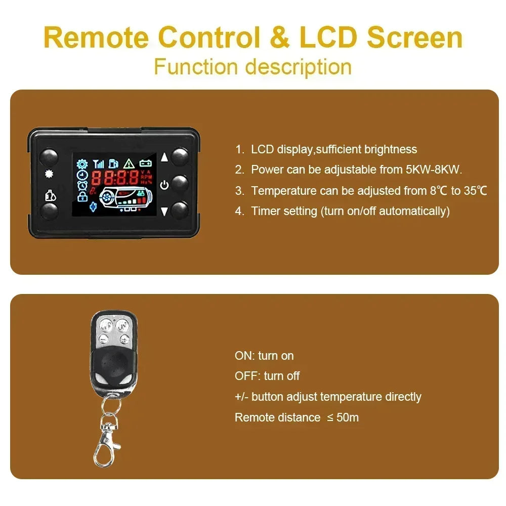 12V/24V/220V Air Parking Heater 5KW Car Diesel Heater LCD Remote Control Engine Preheater Warmer Heater for Car Truck Boat RV