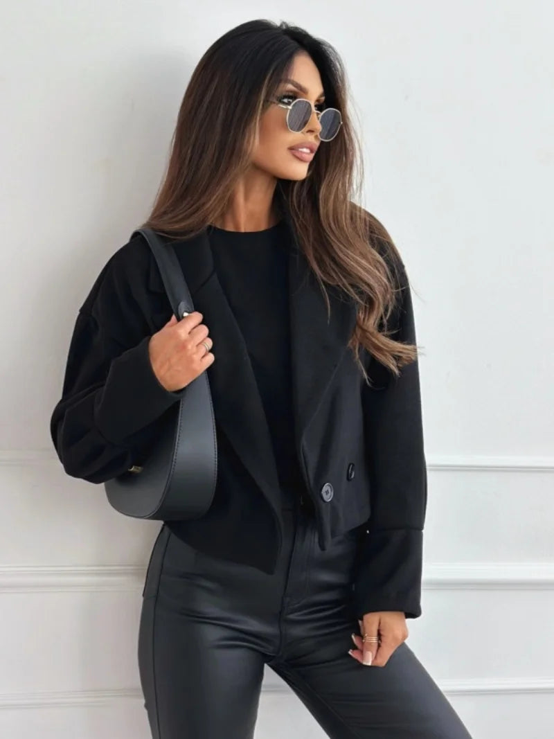 Women's Cropped Wool Blend Coat with Notch Lapel and Double Breasted Button Closure for Fall Winter Fashion