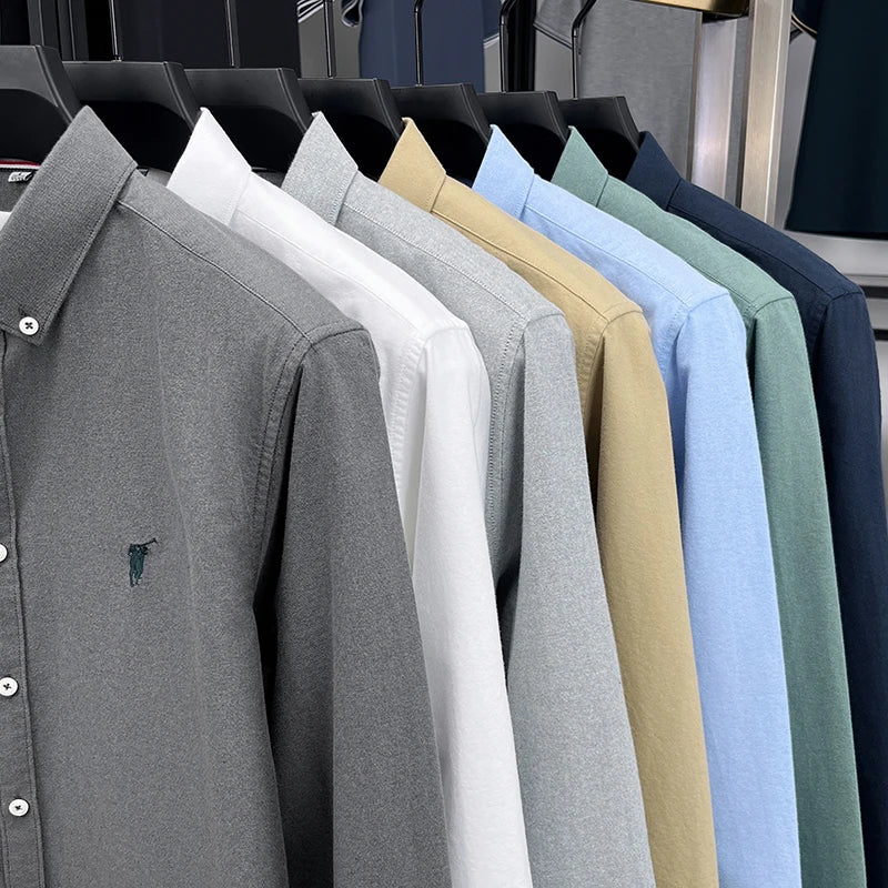 High End 100% Pure Cotton Long Sleeved Men's 2026 Spring Fashion Solid Color Business Casual Small Horse Logo Shirt