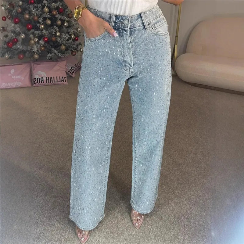 Sexy High Waist Straight Leg Women's Jeans Diamond Washed Cotton Blend Long Pants Trendy Fashionable Ladies Premium Denim