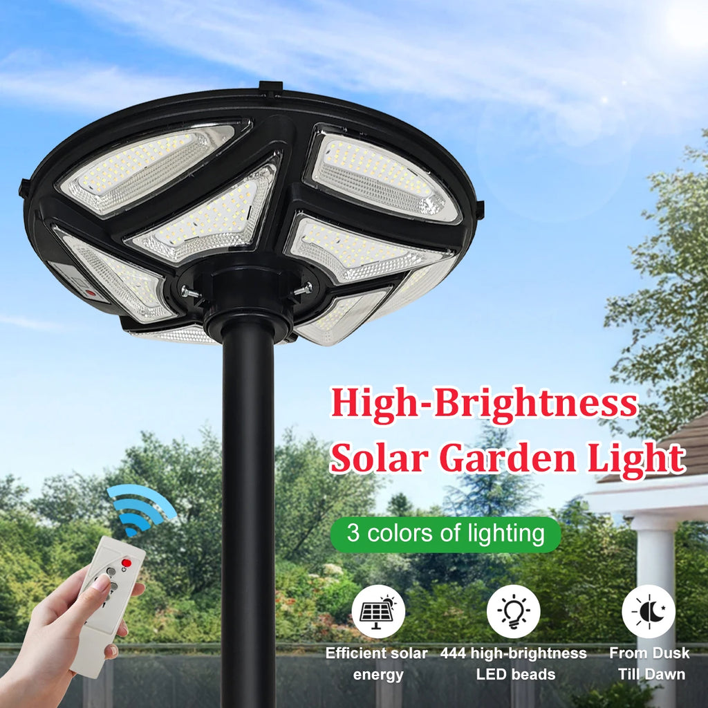 High Brightness Solar Garden Light 444 LED 3 Color Modes Dusk to Dawn Outdoor Solar Street Lamp IP65 Waterproof for Yard Patio
