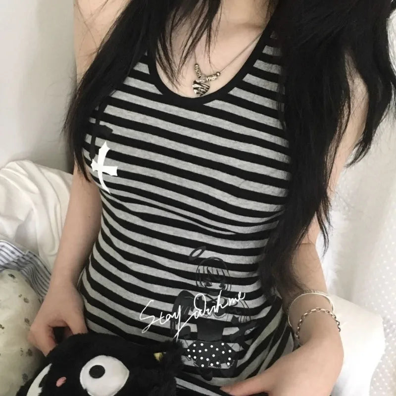 Retro Hottie Tank Tops Y2K Striped Halter Backless Cami Top Women Grunge Streetwear Slim Fit Sleeveless Shirt Graphic Sexy Vest