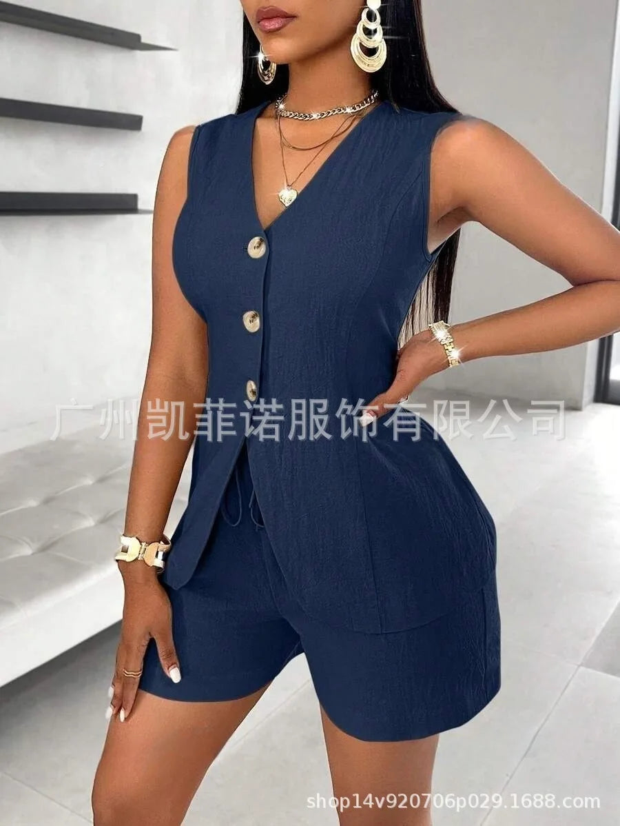 Women Fashion Casual Shorts Set Summer Vest Top Button Solid 2 Pieces Set Lace-up Pant Suits Womens Clothing Office Holiday 2025