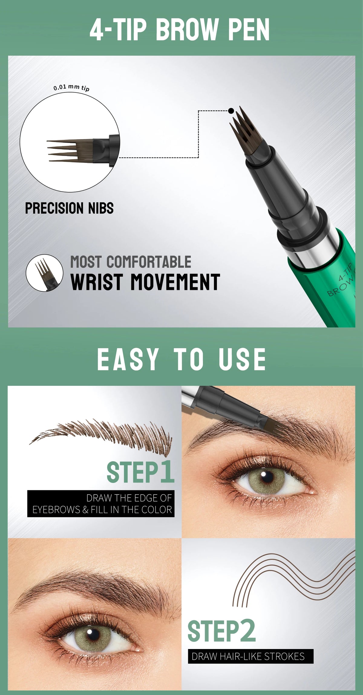 4-Tip Eyebrow Pen, 4 Heads Design, Wild Brow, Long Lasting, Smudge Proof, Waterproof Sweat Resistant Anti-transfer Cosmetic