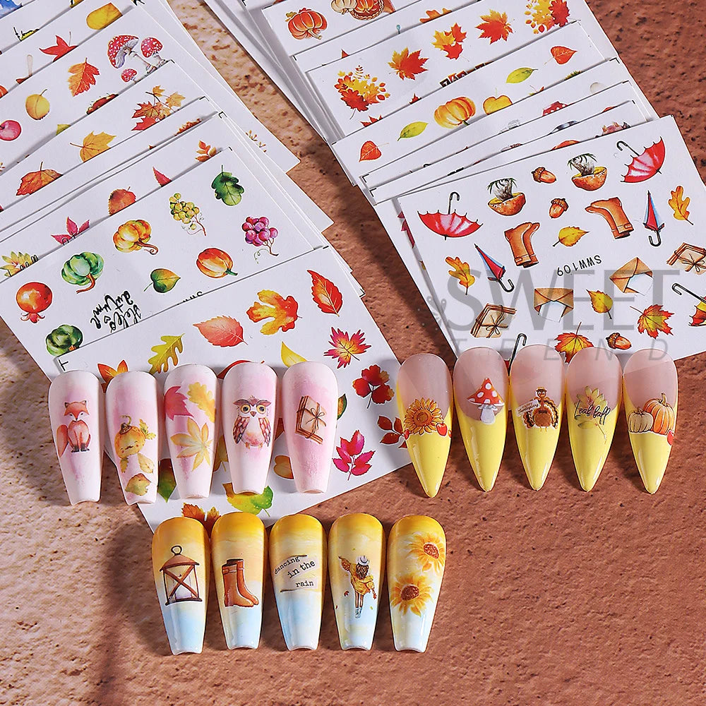 24pcs Fall Maple Leaf Nail Stickers Water Transfer Decals Geometry Leaves Mushroom Turkey Pumpkin Squirrel Design Manicure Decor