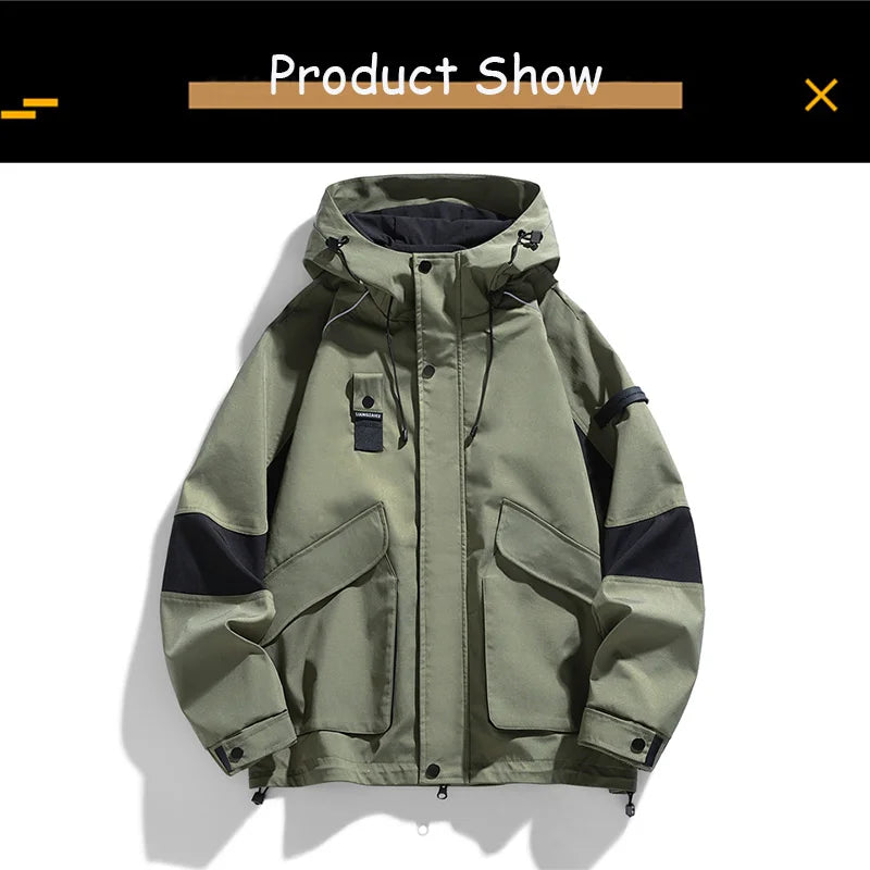 2026 Men Spring Autumn Outdoor Leisure Cargo Hooded Jacket Men Hiking Sport Windbreak Fashion Pocket Loose Jacket Coat Male Hots