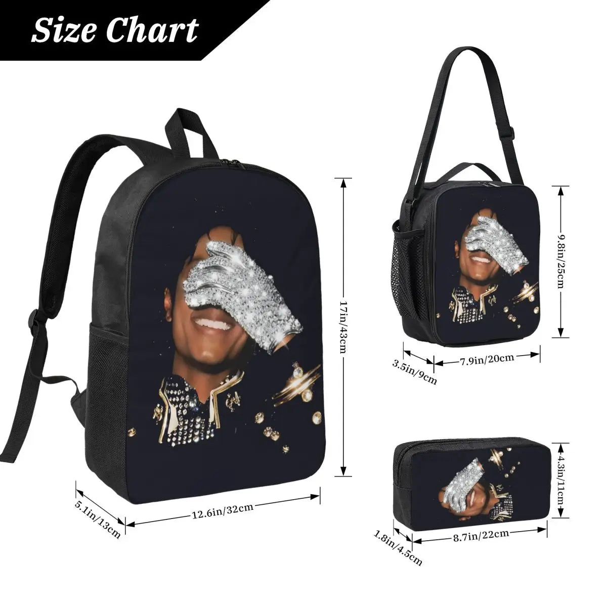 MJ Pop Legend Music 3pecs/set Backpack for Student Shoulder Bag Lunch bag Pencil Case
