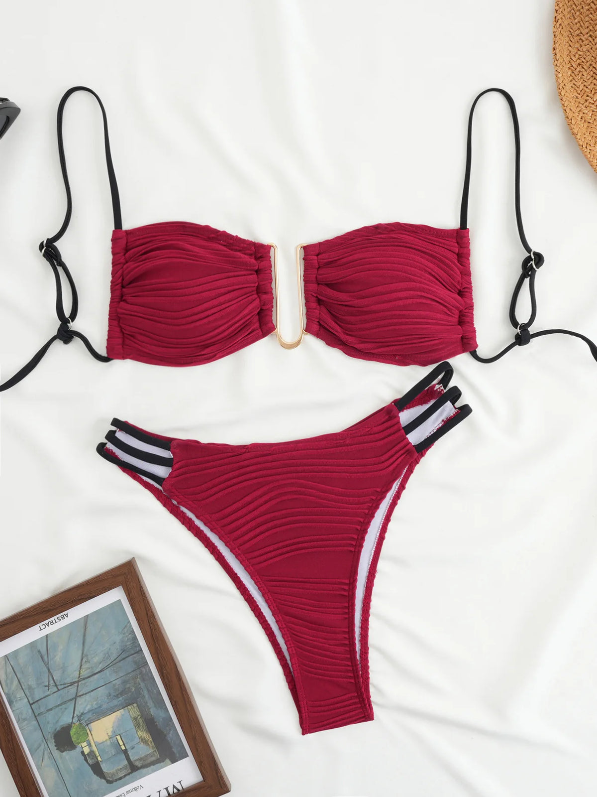 Women Color Block Bikini Set Swimsuit Metal Ring Front 2 Piece Bathing Suit Strappy High Cut Swimwear for Beach Pool Holiday