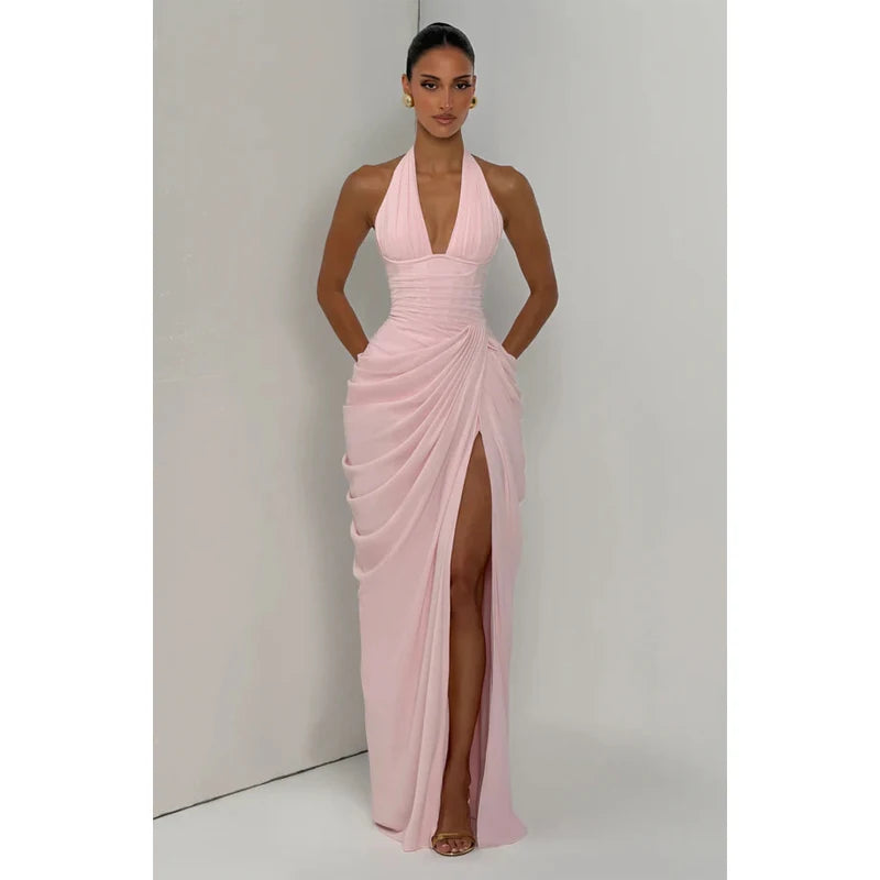 Solid Satin Cowl Neck Women's Dress Elegant Sleeveless Ruched Waist Fishtail Bodycon Lady Vestido 2026 Summer Party Dresses