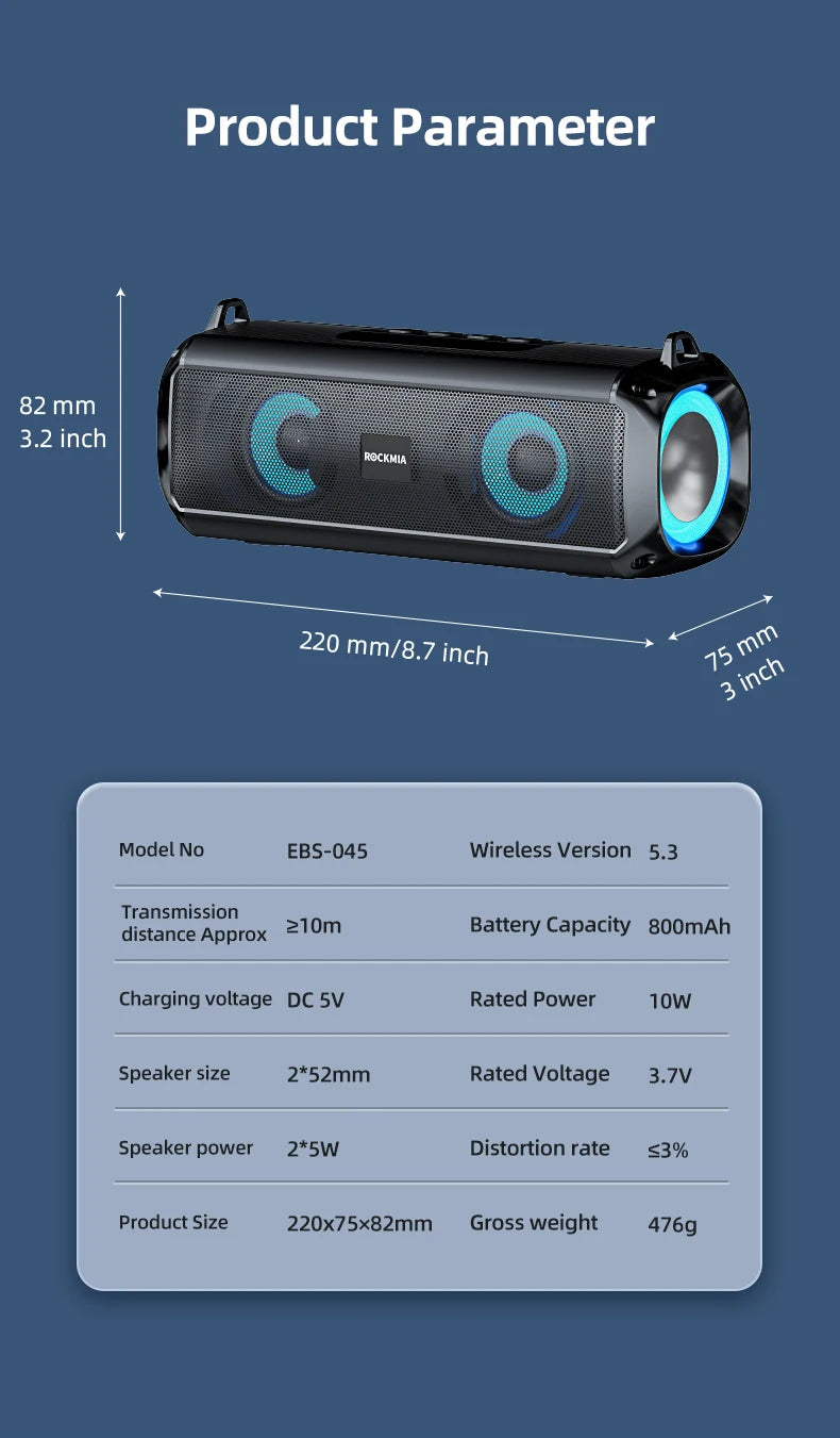Rockmia EBS-045 Portable Wireless Music Speaker Bluetooth 5.0 RGB LED Lights Microphone TF Card Shoulder Strips