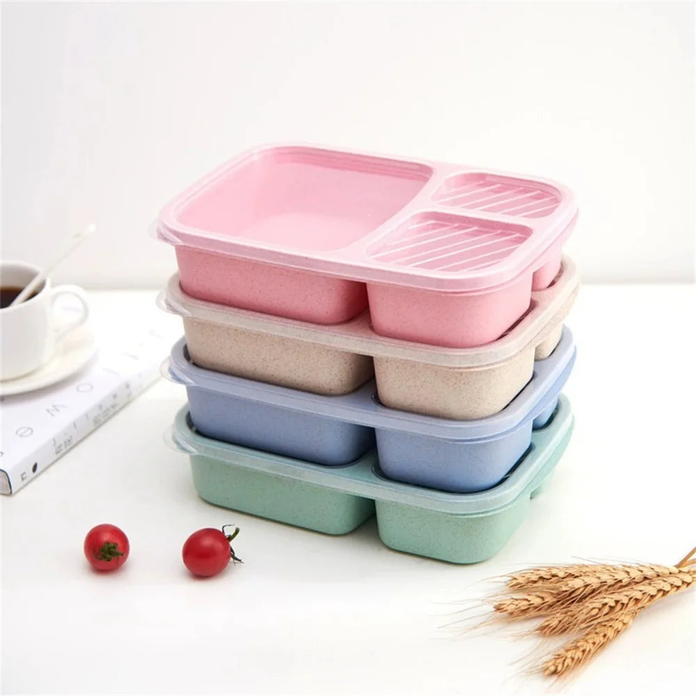 1/4pcs Bento Lunch Box Set 3 Compartment Food Storage Containers Wheat Straw Meal Prep Lunch Box Plastic Food Storage Containers