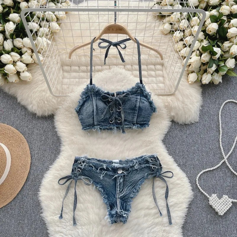 Retro Women Bikini Denim Suits Summer Halter Camis+ Mini Pant Lingerie Fashion Vacation Swimsuits Sexy Bra&Briefs Sets