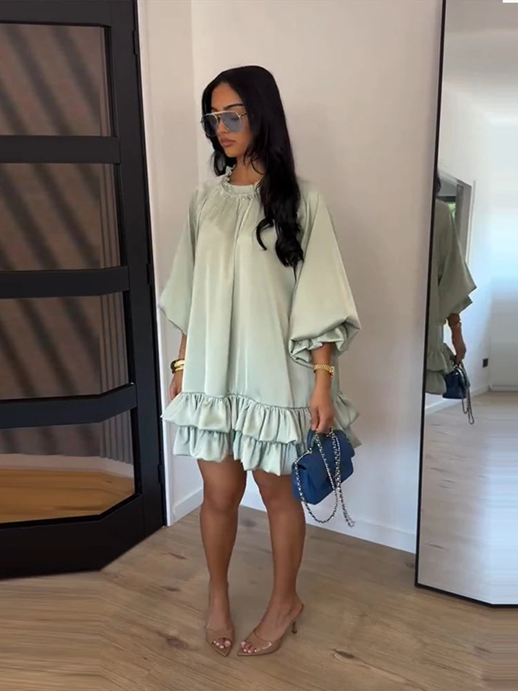 Fashion Ruffled Mini Dress for Women Elegant Long Puff Sleeve O Neck Short Dresses 2026 Summer New Lady Solid Loose Robe Street