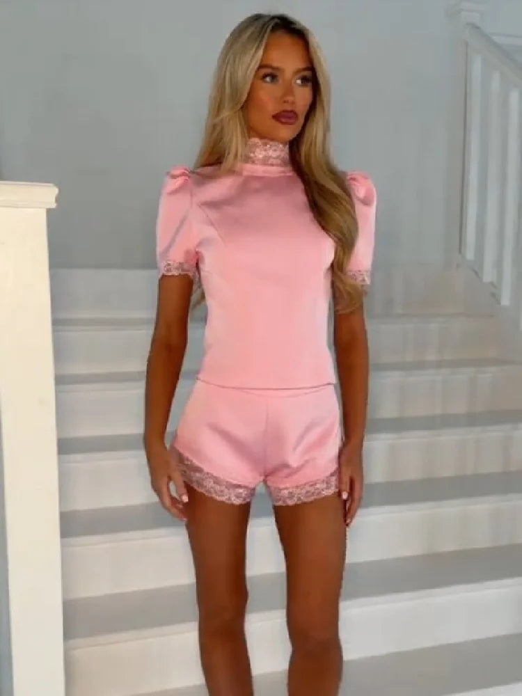 Solid Satin Lace Edge Top Short Sets For Women High Neck Padded Shoulder Blouse Low Waist Shorts 2026 Lady Spring Summer Outfits