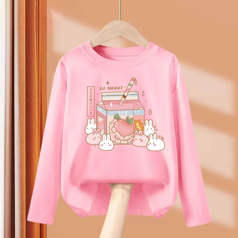Autumn Sweet Cartoon T-shirt for Baby Girls Long Sleeve Lovely Tops 3-14T Girls Spring Clothing