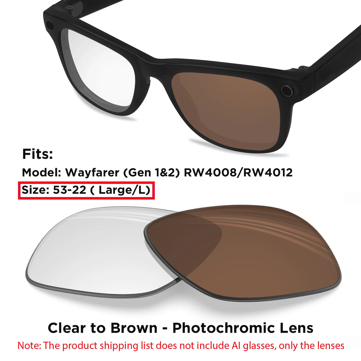 Photochromic & Polarized Replacement Lenses For Ray-Ban Meta Wayfarer RW4006 / RW4008 / RW4012 Gen1/2 AI Smart Glasses Lens