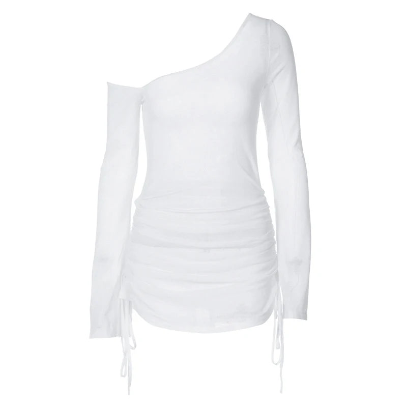Women's Solid Skew Collar Ruched Straps Lace-Up See through Draw String Mini Dress Summer 2025 Party Clubwear