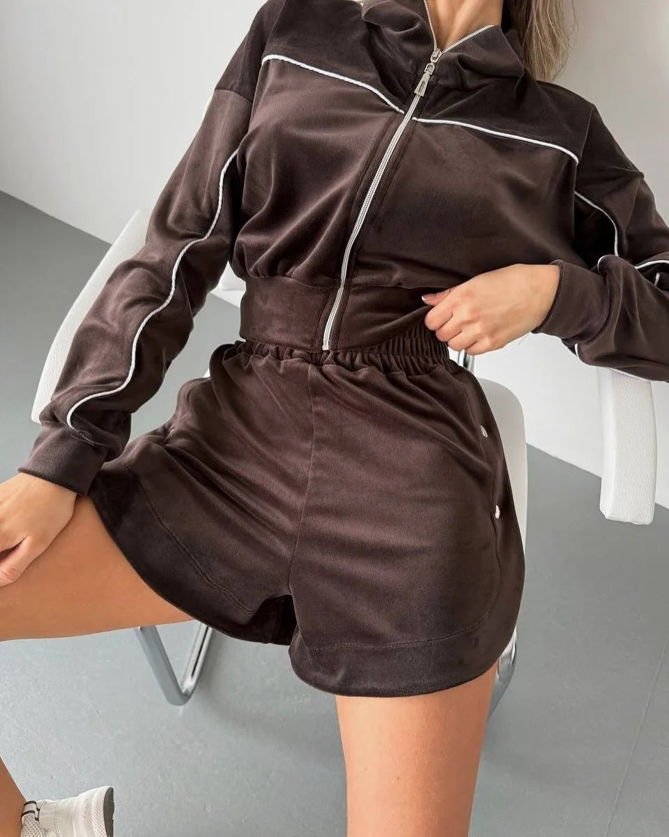 Summer Women Long Sleeved Zipper Two Piece Sets Top Elastic Shorts Outfits Fashion Striped Casual Suits Lapel Tracksuits 2026