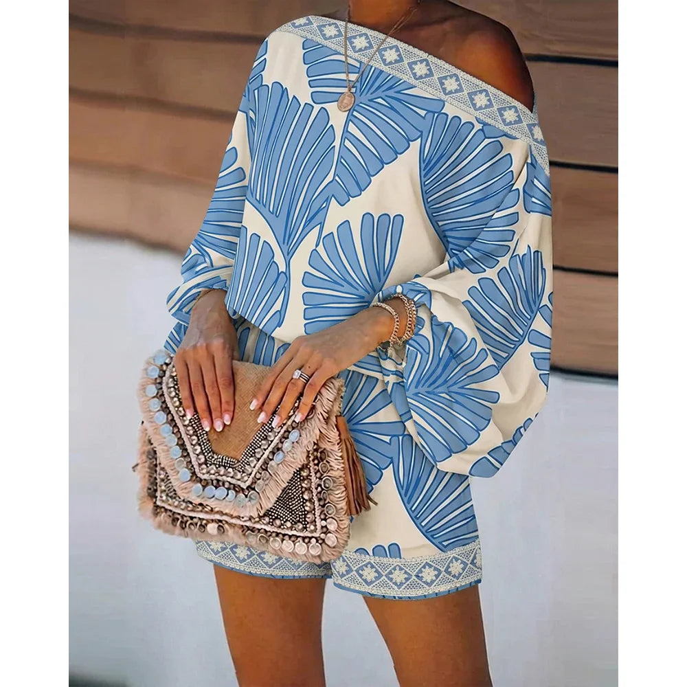 Women's Tropical Leaf Print 2 Piece Set Skew Neck Lantern Sleeve Top and Elastic Waist Shorts with Pockets & Lace