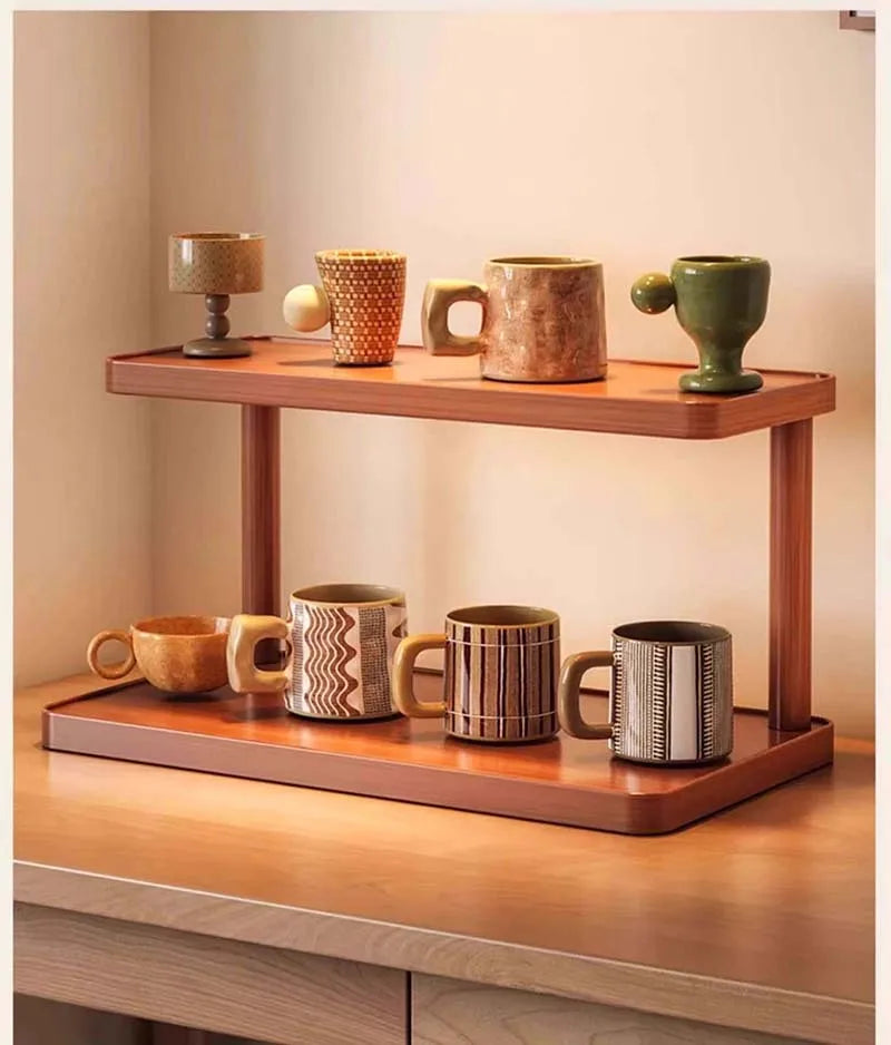 Versatile 2-Tier Wooden Storage Rack for Kitchen&Tea Room-Countertop Organizer with Decorative Desktop Multi-layer Storage Rack