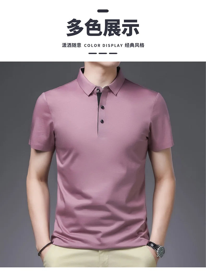 Bamboo Fiber Viscose And Cotton Blend Polo Shirt Men Short Sleeve Collar New Seamless T-shirt Summer Thin Lightweight Poloshirt