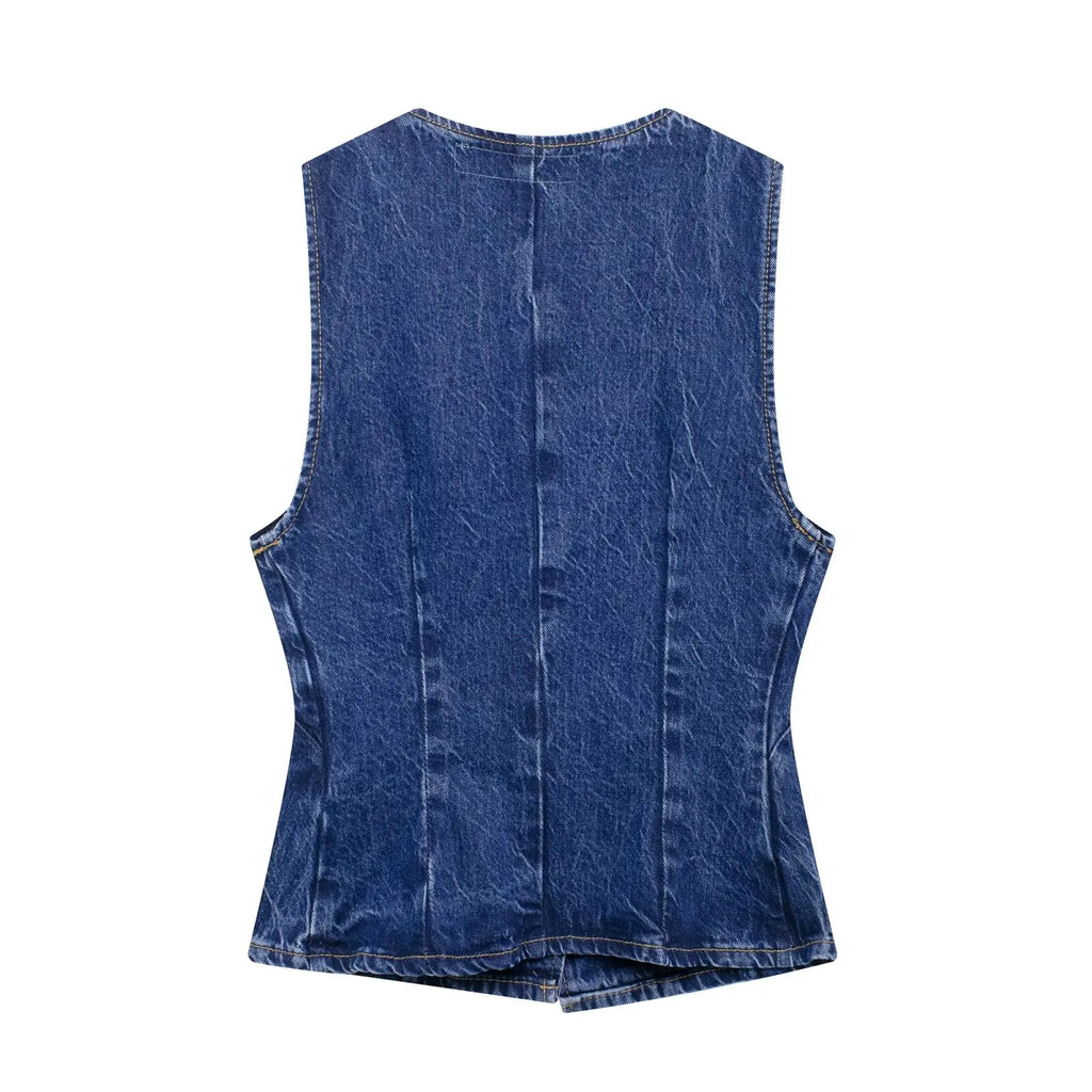 HH 2025 Summer Women Fashion Denim Trousers Set Solid Cropped Vest Top + Chain Lace Up Versatile Female Wide Leg Long Pant